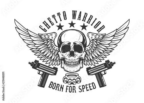 Winged skull with guns. Design element for logo, label, emblem, sign.