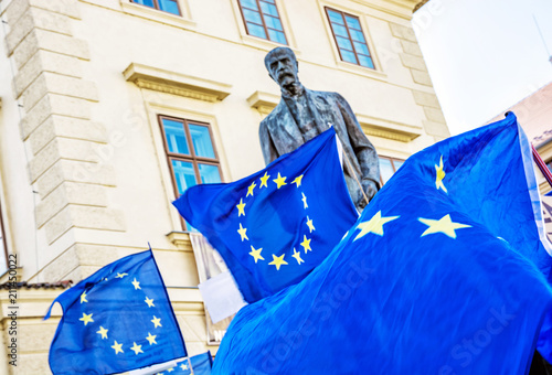 Statue of Tomas Garrigue Masaryk and European Union flags, Prague photo