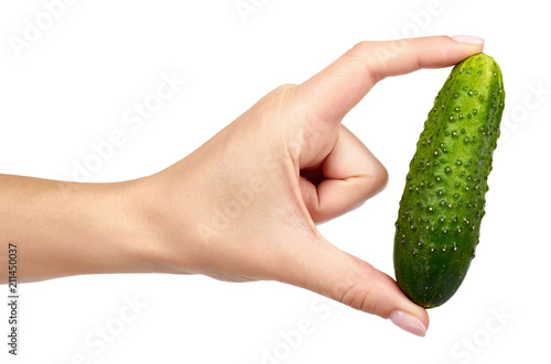 Fresh green cucumber with hand isolated on the white background.