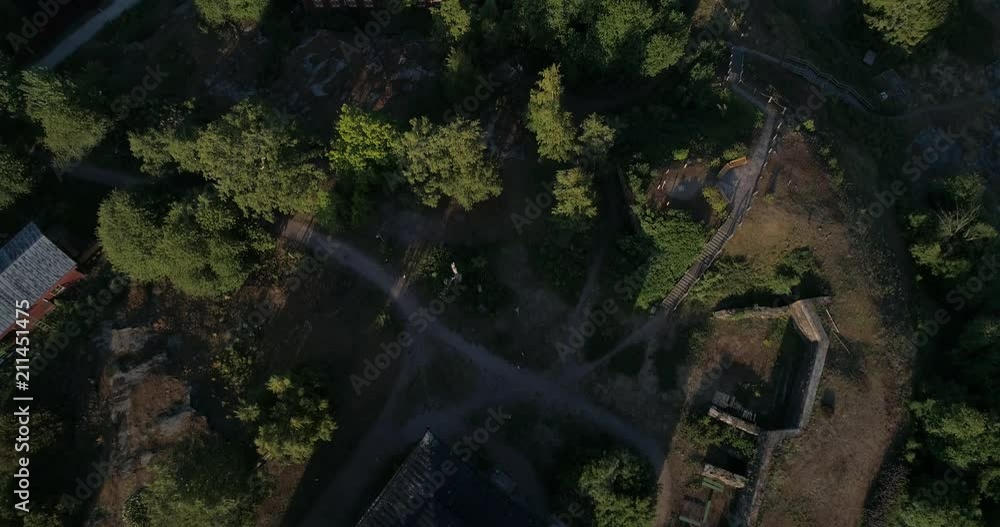 Aerial tilt view above harakka isle, revealing sarkka and suomenlinna islands, on a sunny summer evening, Helsinki, Uusimaa, Finland