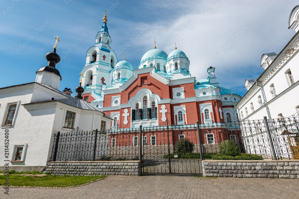 Spaso-Preobrazhensky Cathedral surrounded by cell buildings. Valaam is a cozy and quiet piece of land, the rocky shores of which rise above the lush waters of lake Ladoga