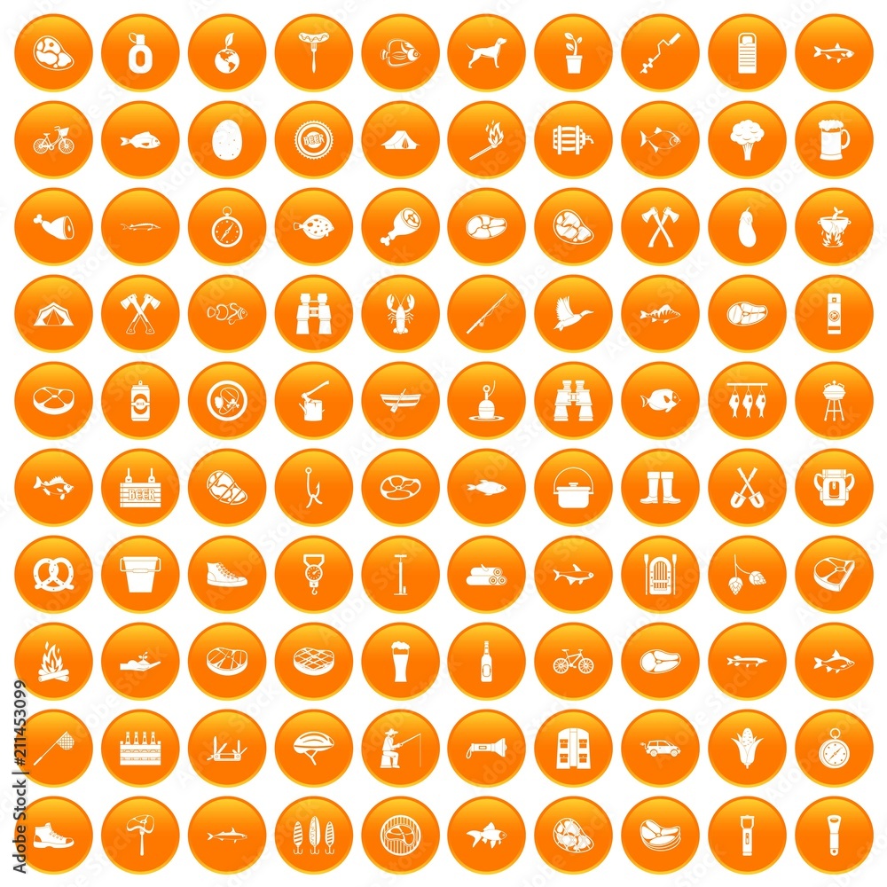 100 BBQ icons set in orange circle isolated on white vector illustration 100 BBQ icons set in orange circle isolated on white vector illustration