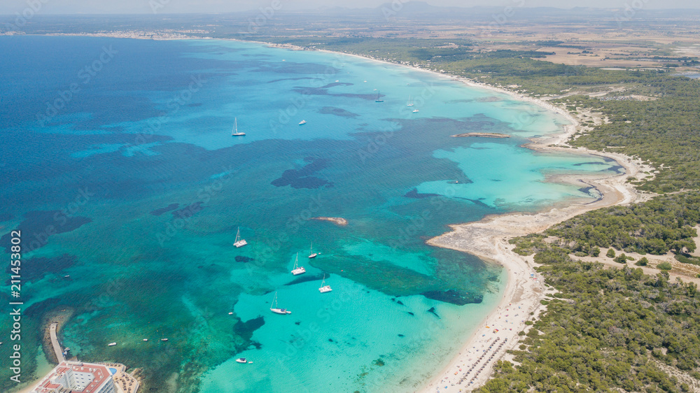 Colonia Sant Jordi, spain. Amazing drone aerial landscape of the charming beaches Estanys and Es Trencs