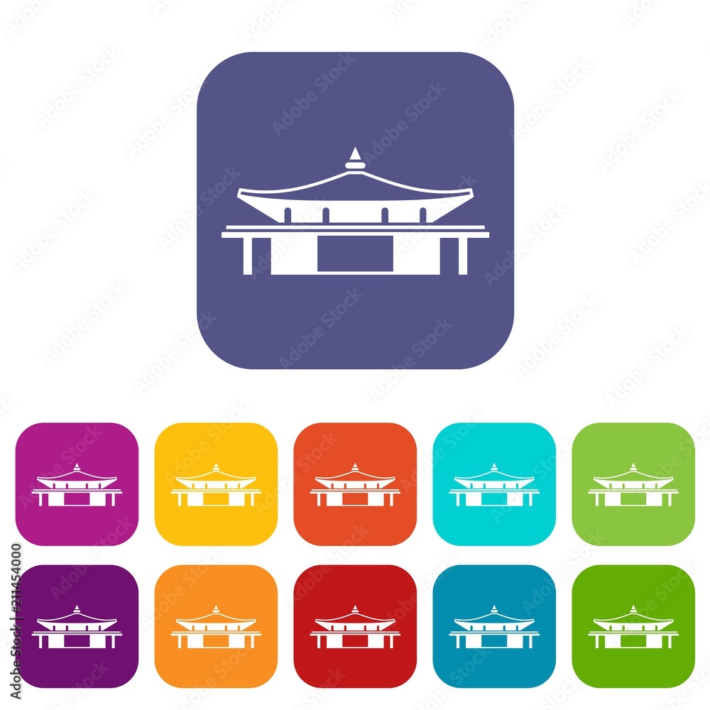 Temple icons set vector illustration in flat style in colors red, blue, green, and other