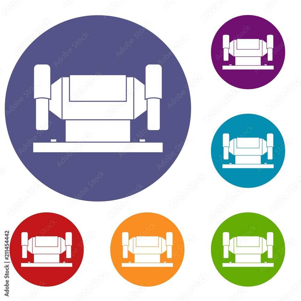 Metalworking machine icons set in flat circle red, blue and green color for web Metalworking machine icons set in flat circle red, blue and green color for web