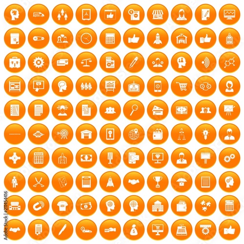 100 business strategy icons set in orange circle isolated on white vector illustration