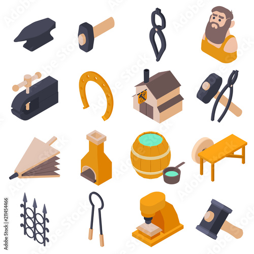 Blacksmith tools icons set. Isometric illustration of 16 Blacksmith tools icons set vector icons for web