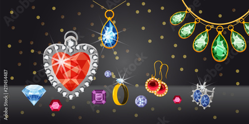 Jewelry collection horizontal concept. Cartoon illustration of jewelry collection banner horizontal vector for web