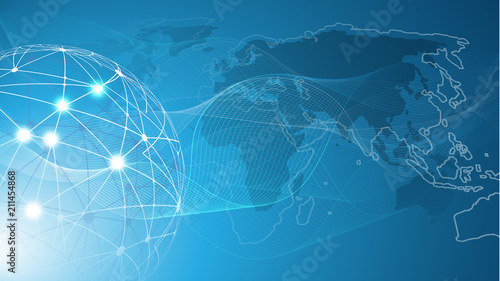     Futuristic Bright Global Technology, Networking and Cloud Computing Design Concept with Globe and World Map - Digital Network Connections, Technology Background 