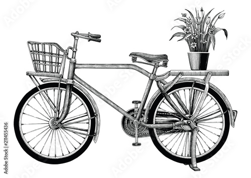 Vintage bicycle and flower pot hand drawing clip art isolated on white bakground