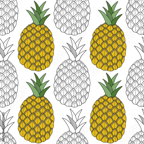 Pineapples, tropical fruits. Black and white illustration for coloring book. Sweet, healthy dessert and food.