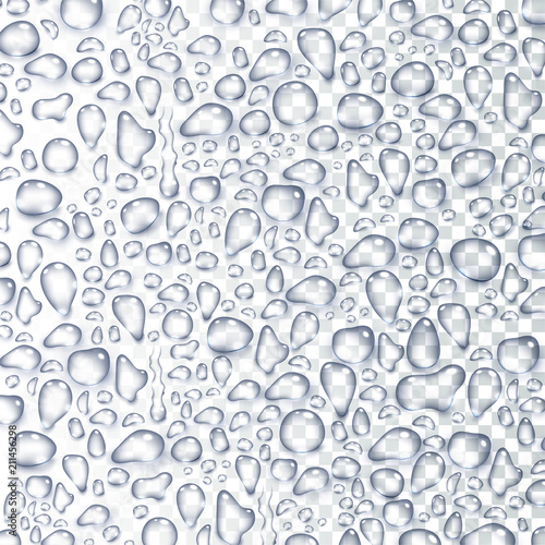 Water rain drops or steam shower isolated on transparent background. Realistic pure droplets condensed. Vector clear vapor water bubbles on window glass surface for your design.