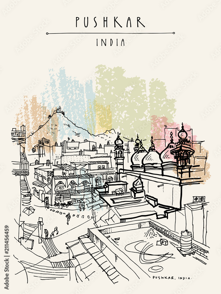 Fototapeta premium Mosque and Pap Mochani Temple in Pushkar, Rajasthan, India. Vintage hand drawn touristic postcard
