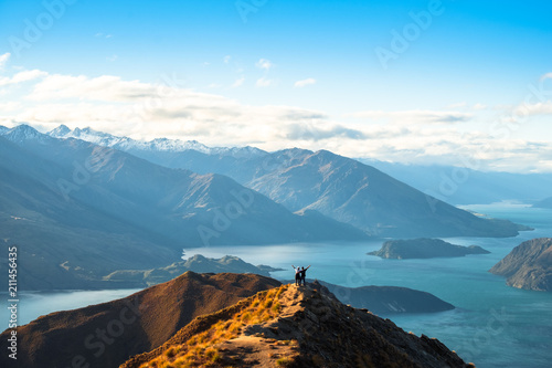 Fototapeta Naklejka Na Ścianę i Meble -  People enjoy with a beautiful landscape of the mountains and Lake Wanaka. Roys Peak Track, South Island, New Zealand.