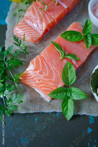 salmon on turquoise surface photo