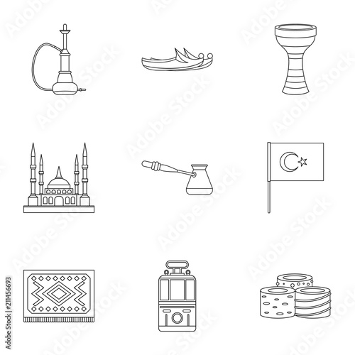 Turkey equipment icons set. Outline set of 9 Turkey equipment vector icons for web isolated on white background