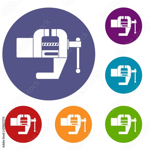 Vise tool icons set in flat circle red, blue and green color for web