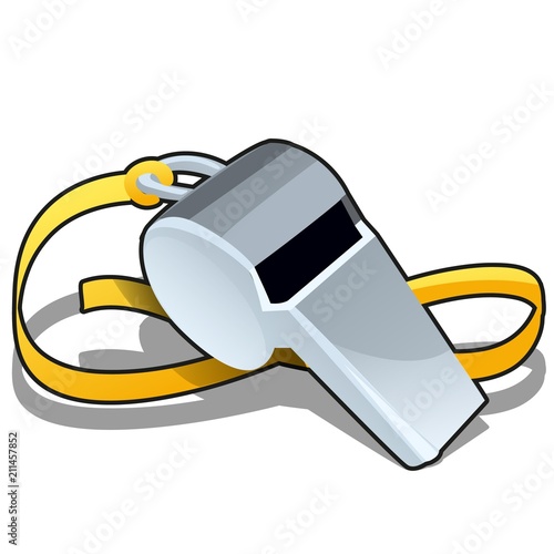 Metal whistle of the coach isolated on white background. Vector cartoon close-up illustration.