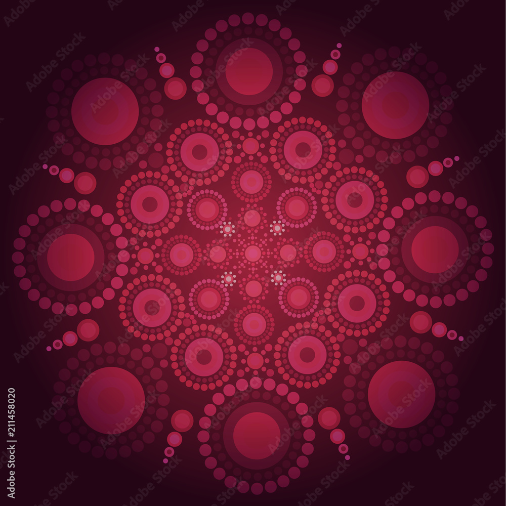Vector circle of colored dots on background. Circular pattern. Decor rosette of points multiple size. Abstract hand dots frame. Vector illustration