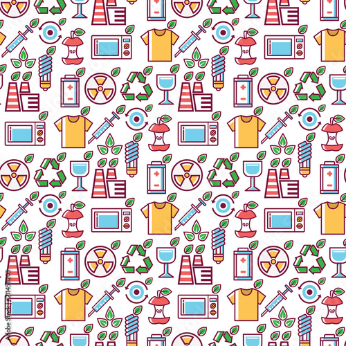 Waste vector rubbish pollution ecology recycling eco energy concept garbage disposal trash seamless pattern background illustration