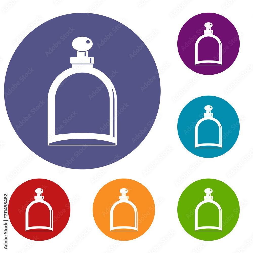 White glass bottle with perfume icons set in flat circle red, blue and green color for web White glass bottle with perfume icons set in flat circle red, blue and green color for web