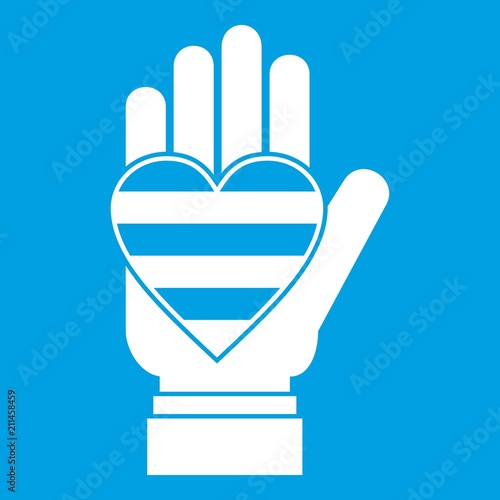 Hand holding heart of LGBT icon white isolated on blue background vector illustration