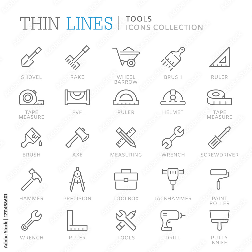 Collection of tools thin line icons Collection of tools thin line icons