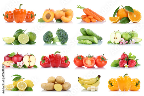 Früchte Obst und Gemüse Sammlung Apfel Tomaten Orange Bananen Erdbeeren Farben frische Freisteller freigestellt isoliert