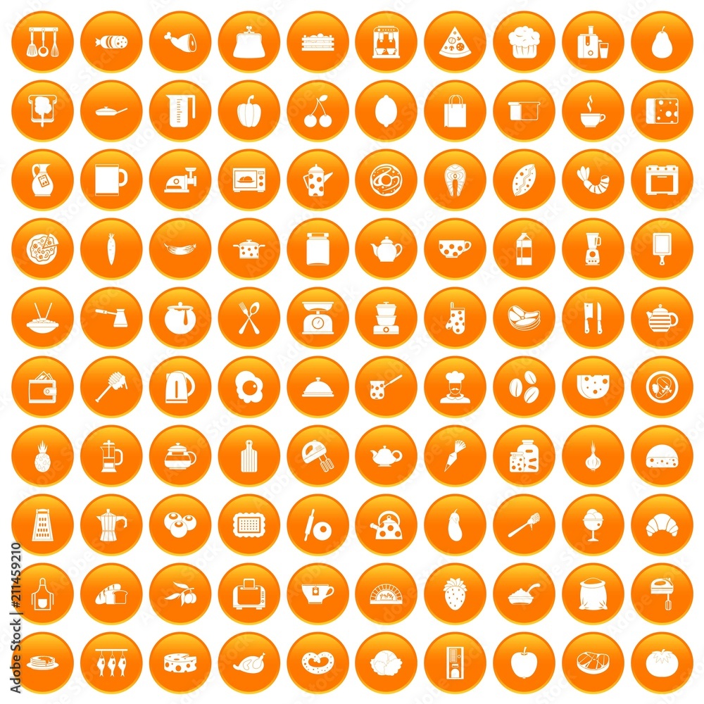 100 cooking icons set in orange circle isolated on white vector illustration 100 cooking icons set in orange circle isolated on white vector illustration
