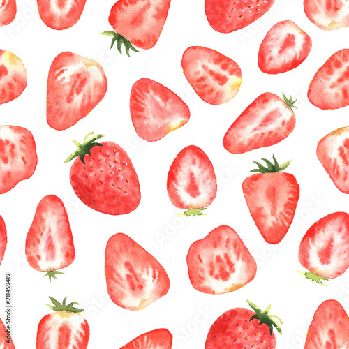 Seamless pattern with strawberry, in watercolor style.