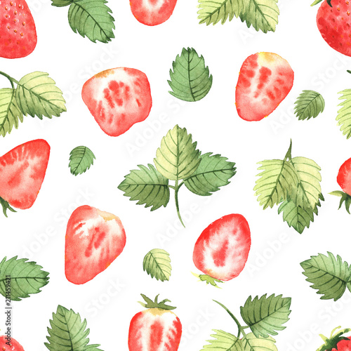Seamless pattern of strawberries and leaves, in watercolor style.
