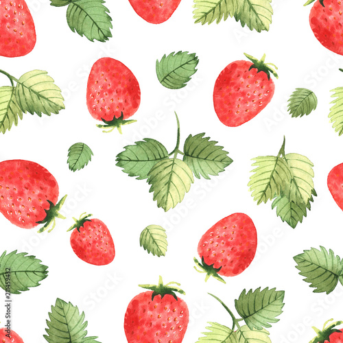 Seamless pattern of strawberries and leaves, in watercolor style.