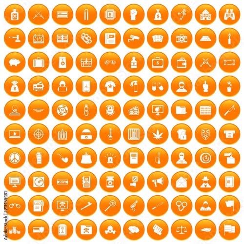 100 criminal offence icons set in orange circle isolated on white vector illustration