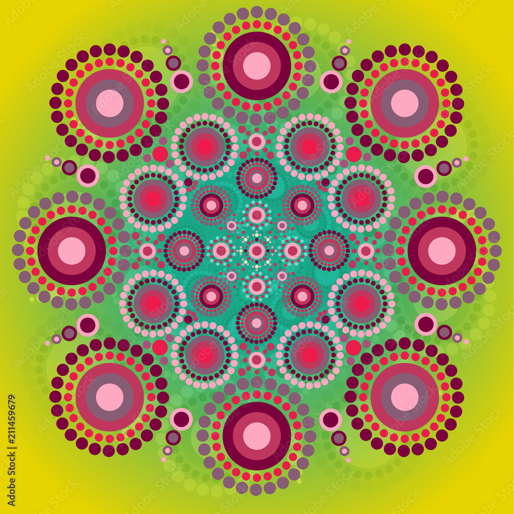 Vector circle of colored dots on background. Circular pattern. Decor rosette of points multiple size. Abstract hand dots frame. Vector illustration