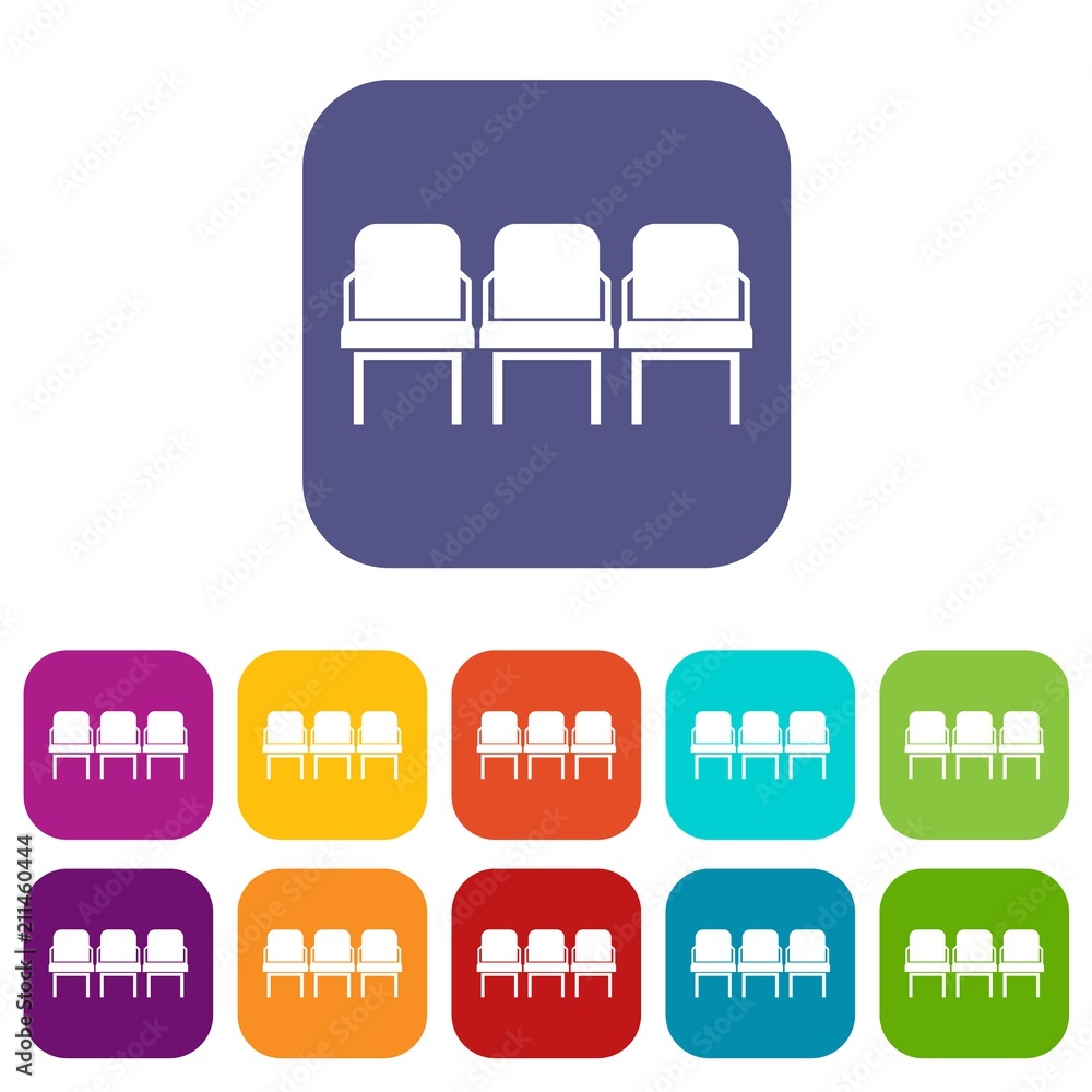 Chairs in the departure hall at airport icons set vector illustration in flat style in colors red, blue, green, and other Chairs in the departure hall at airport icons set vector illustration in flat style in colors red, blue, green, and other