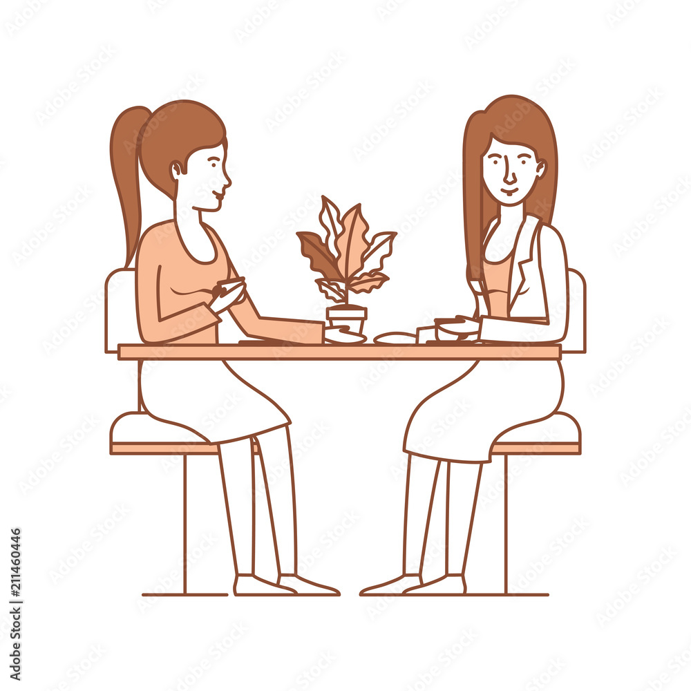 women in the table drinking coffee with house plant vector illustration design