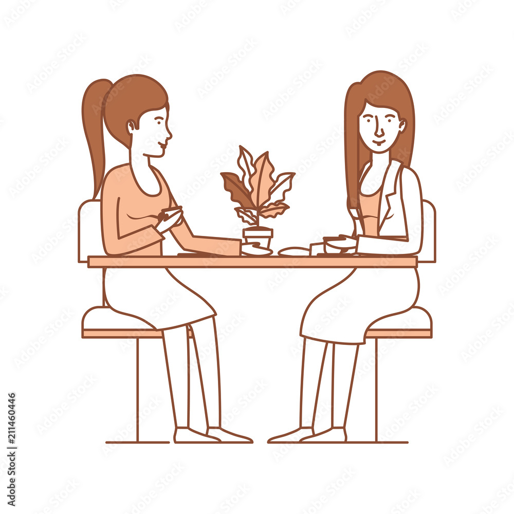 women in the table drinking coffee with house plant vector illustration design women in the table drinking coffee with house plant vector illustration design