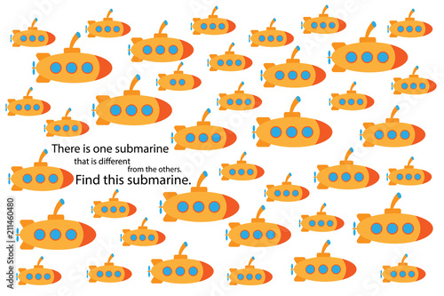Find submarine that different, fun education puzzle game with transport for children, preschool worksheet activity for kids, task for the development of logical thinking and mind, vector illustration