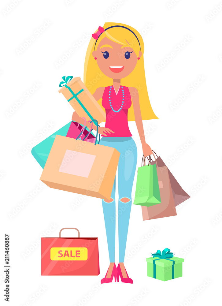 Sale Shopoholic Girl with Bags Vector Illustration Sale Shopoholic Girl with Bags Vector Illustration