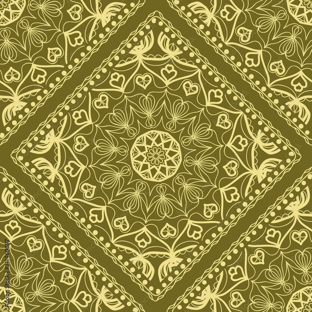 Vector nature seamless pattern with abstract floral ornament. Round mandala in childish style.