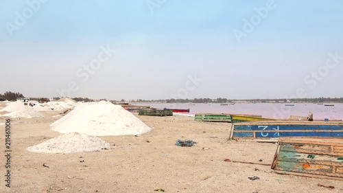 Salt piles in the pink lake - Lake Retba, Dakar region, Senegal, Afr