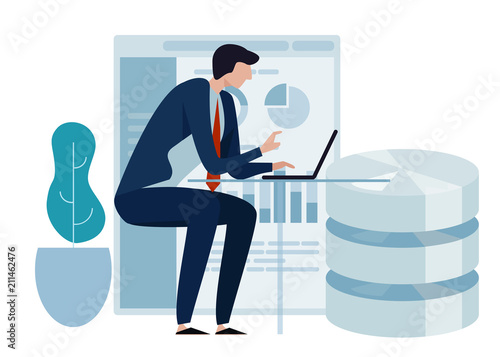 Data science concept of big database technology. Environment friendly green leaf. Business man working on laptop presenting chart analytics.