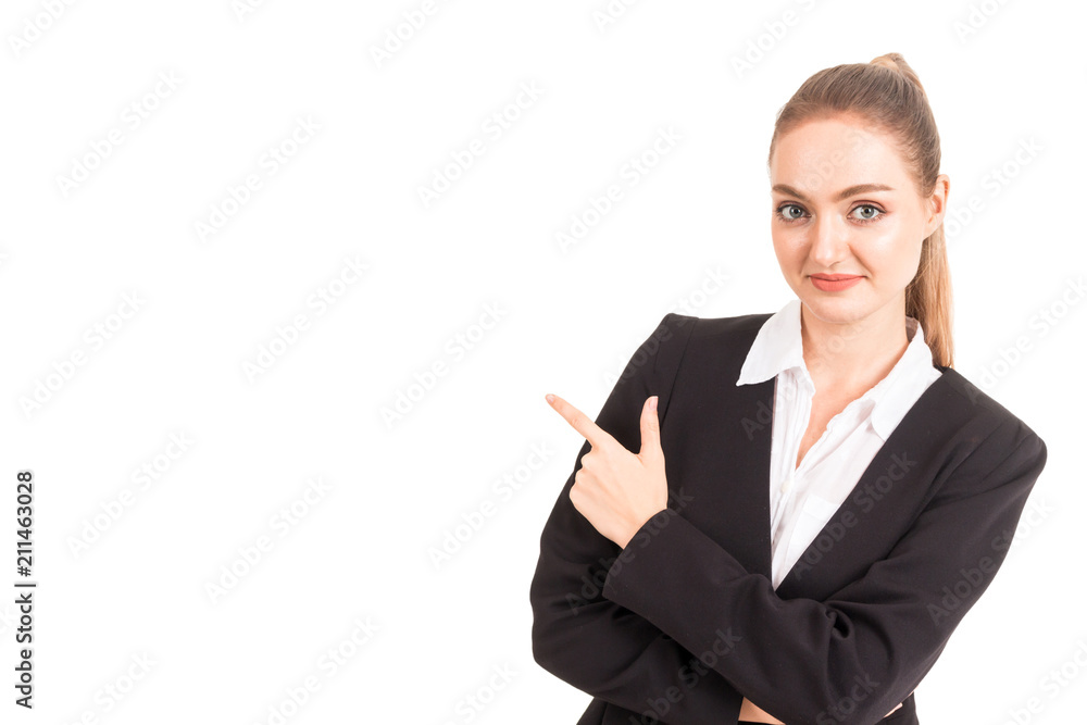 Beautiful woman pointing to empty copy space isolated on white background Beautiful woman pointing to empty copy space isolated on white background