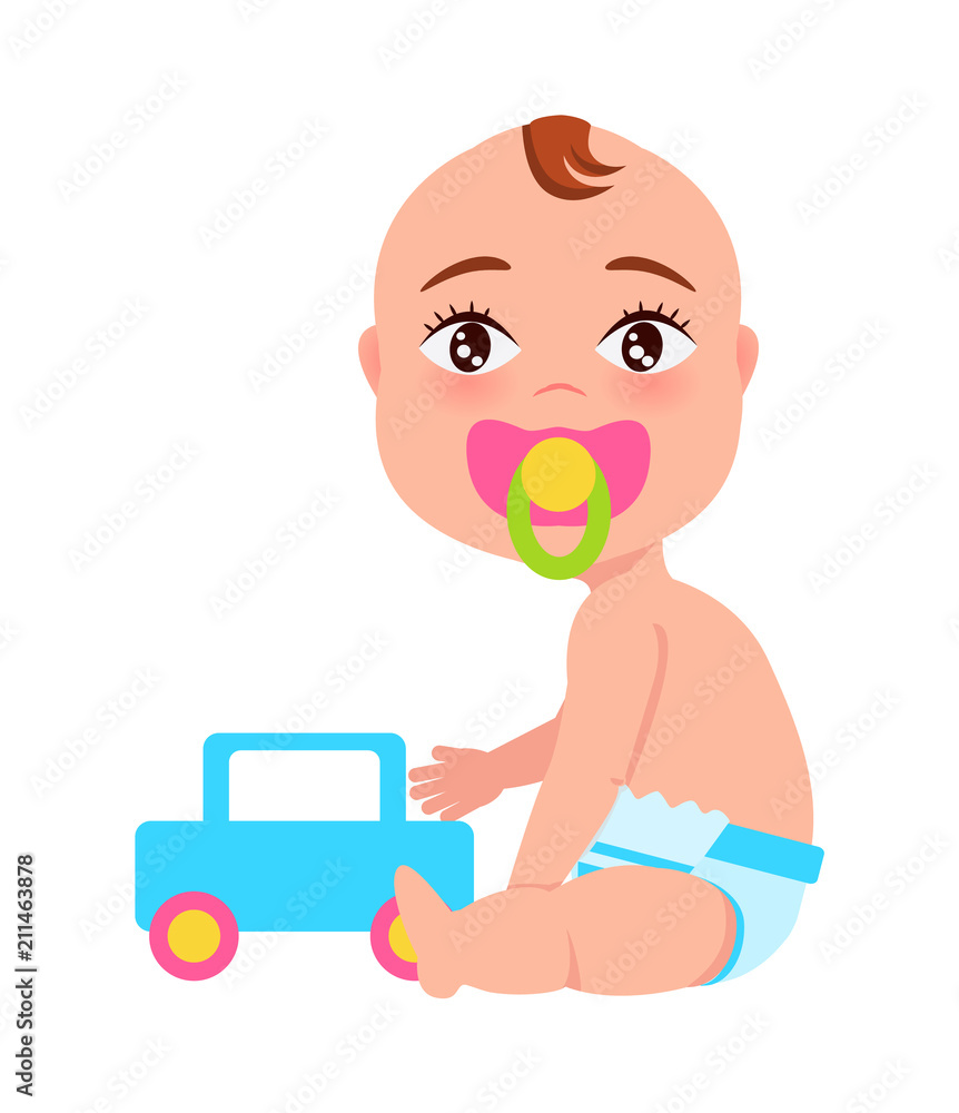 Baby with Soother and Toy Car Vector Illustration Baby with Soother and Toy Car Vector Illustration