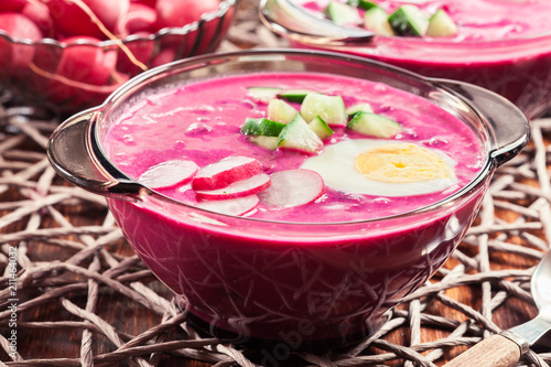 Cold beet soup with egg, cucumber and greens