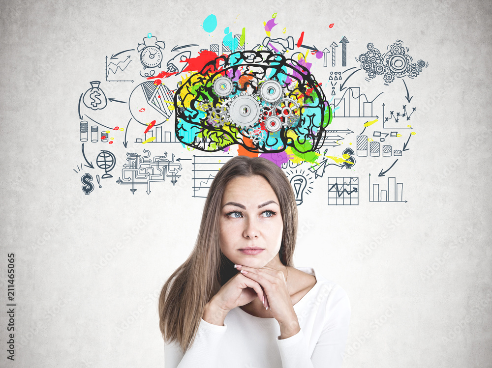Clever young businesswoman thinking, cog brain Clever young businesswoman thinking, cog brain