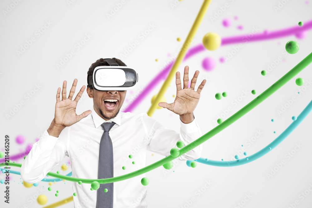 Astonished young man in VR glasses, lines bubbles Astonished young man in VR glasses, lines bubbles