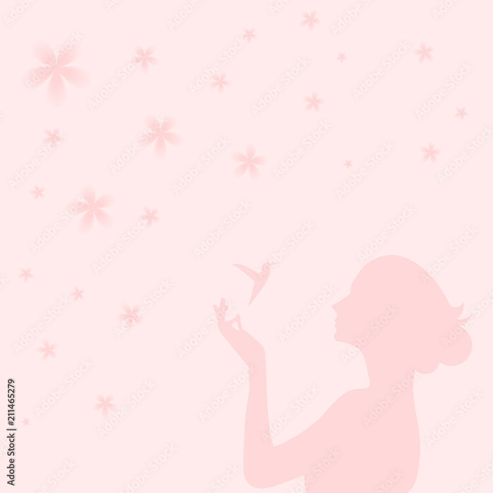 Girl, Oriental Cherry Flowers And Hummingbird, Pink, Sakura Girl, Oriental Cherry Flowers And Hummingbird, Pink, Sakura