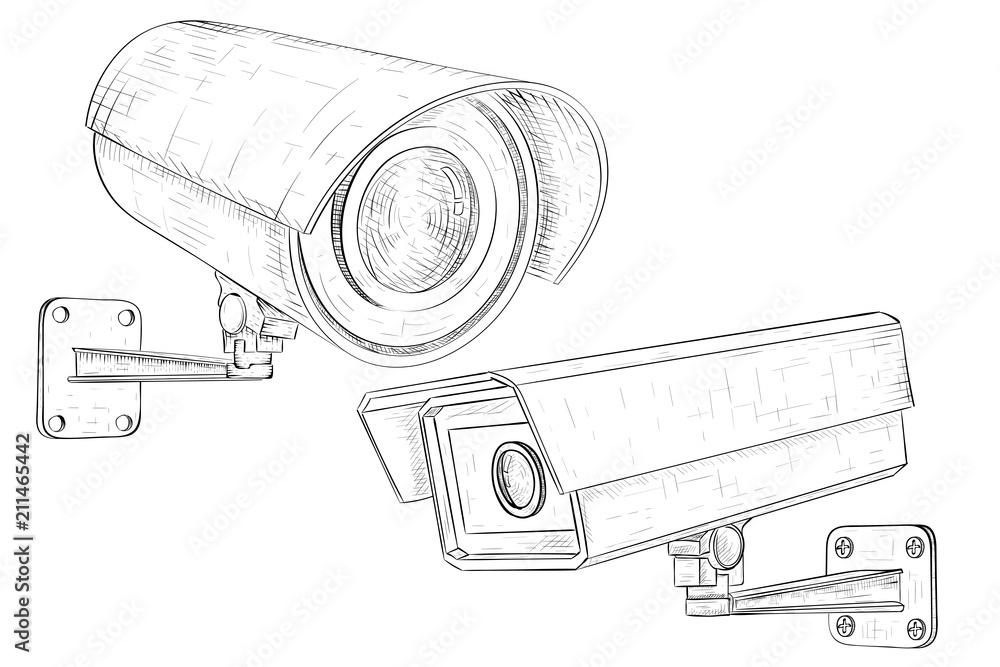 Security CCTV Camera. Outline Drawing, Black Silhouette And 3d Model  Royalty Free SVG, Cliparts, Vectors, and Stock Illustration. Image  103923970.