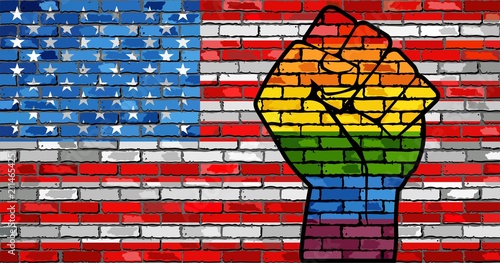 LGBT Protest Fist on a USA Brick Wall Flag - Illustration, 
Brick Wall USA and Gay flags